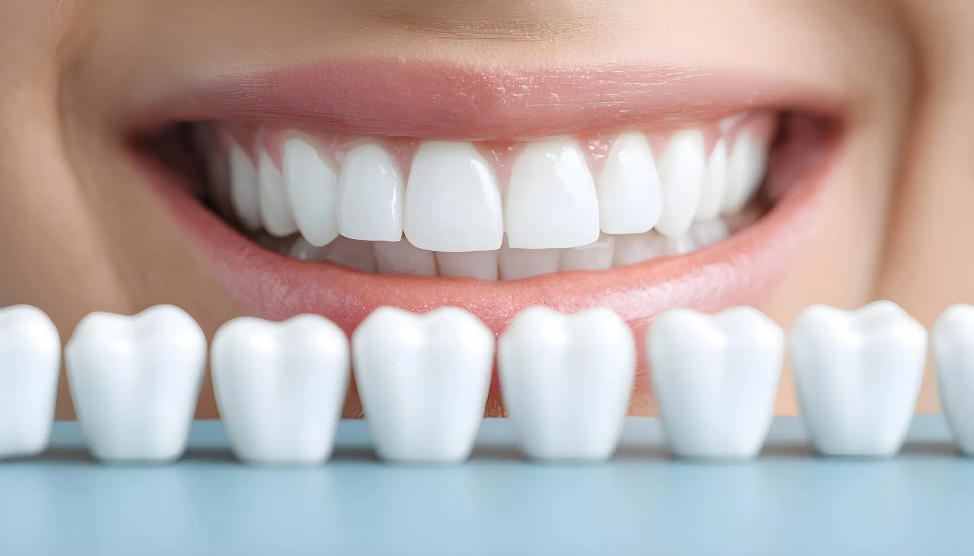woman shows perfect white teeth next to dental shade guide with tooth models. she has a bright smile, representing dental care