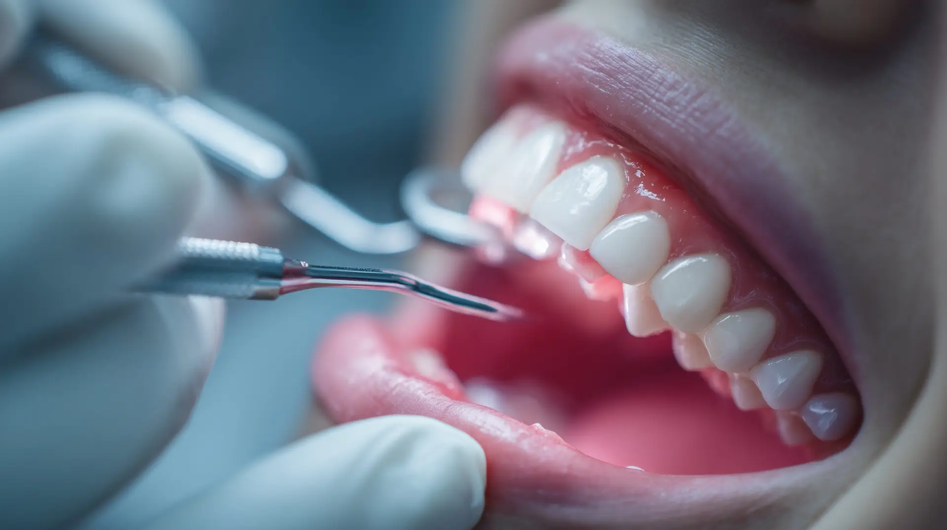 close up of a dental examination with instruments near teeth and gum, representing dental implant, prosthodontic, periodontic, oral surgical and restorative dental care.